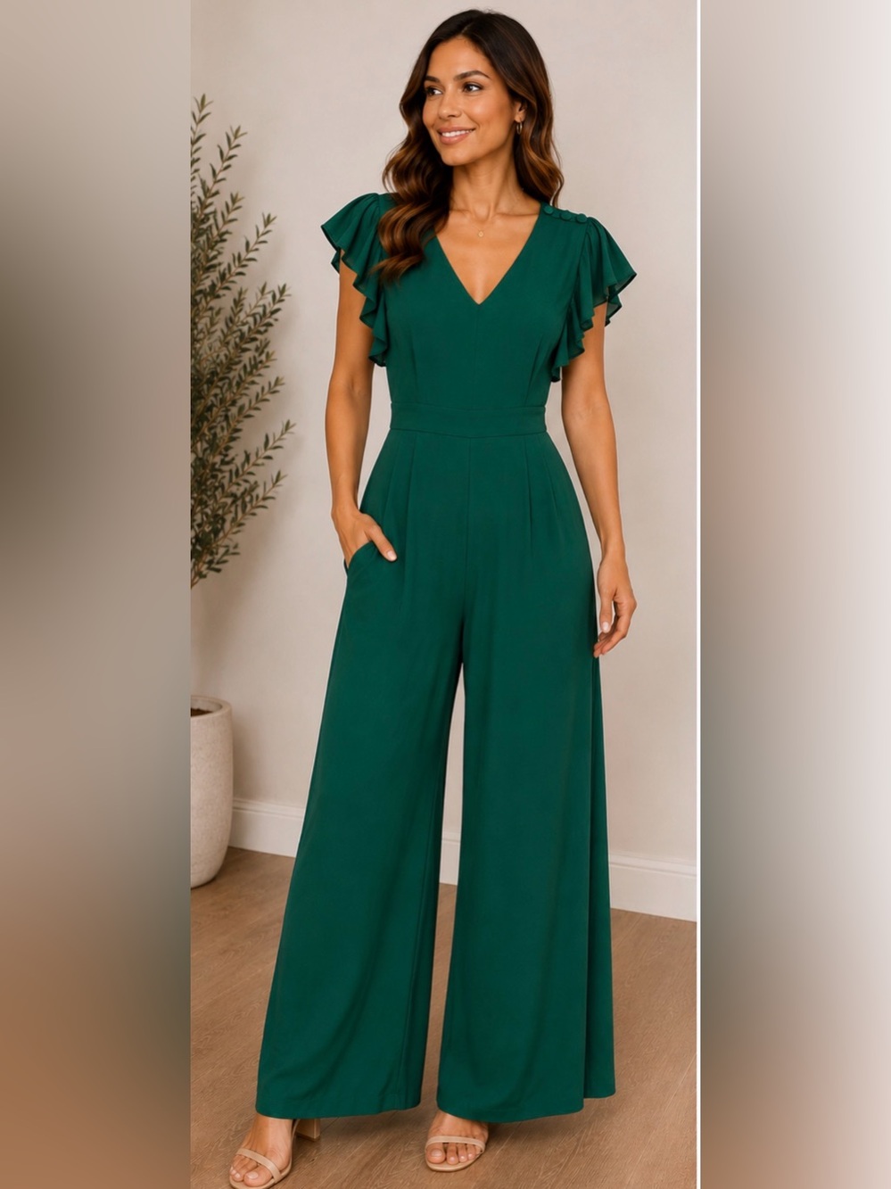A Loves A Green Wide Leg Jumpsuit Flutter Sleeve V-Neck